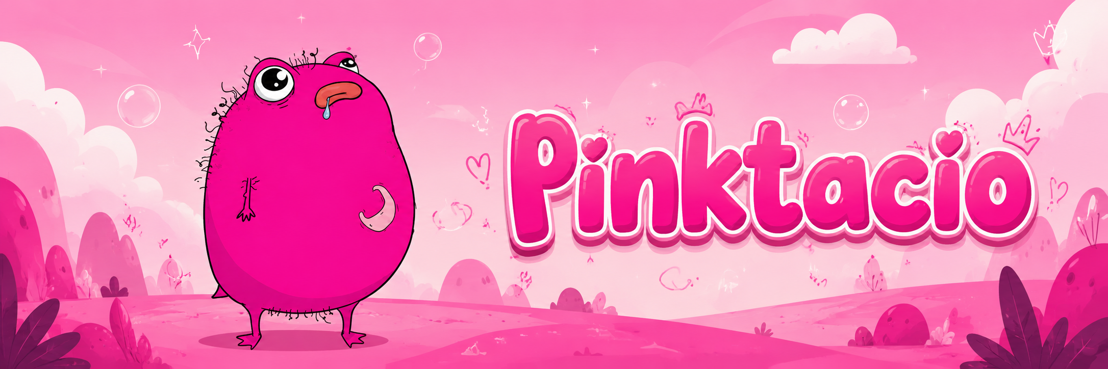 pinktacio standing on a pink cartoon hillside under bubble letters